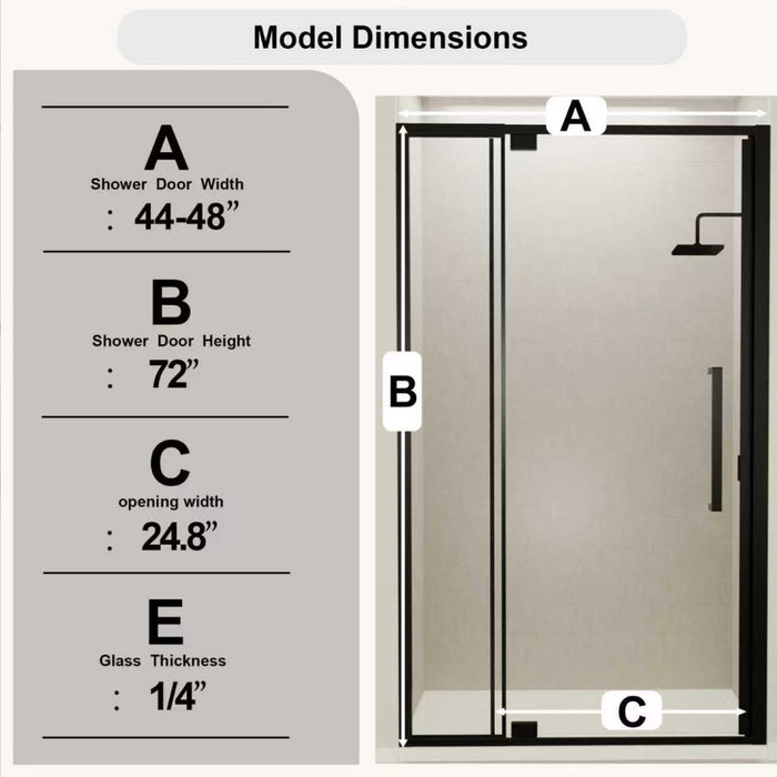 Semi Frameless Pivot Hinged Shower Door, Reversible Design