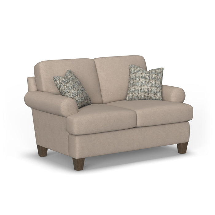 Moxy - Fabric Loveseat, T-Shaped Seat Cushion, Curved Sock Arms