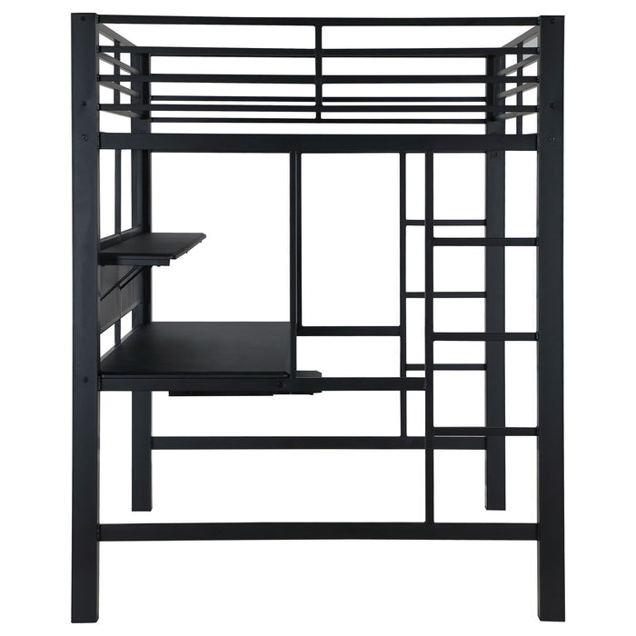 Ranier - Full Workstation Loft Bed, Full Length Desk, Safety Rails And Storage Shelves - Black
