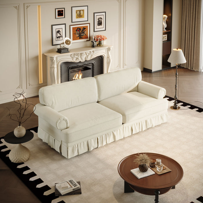Luxuriously Comfortable Cloud Couch With Elegant Rolled Arms & Pleated Skirt Design