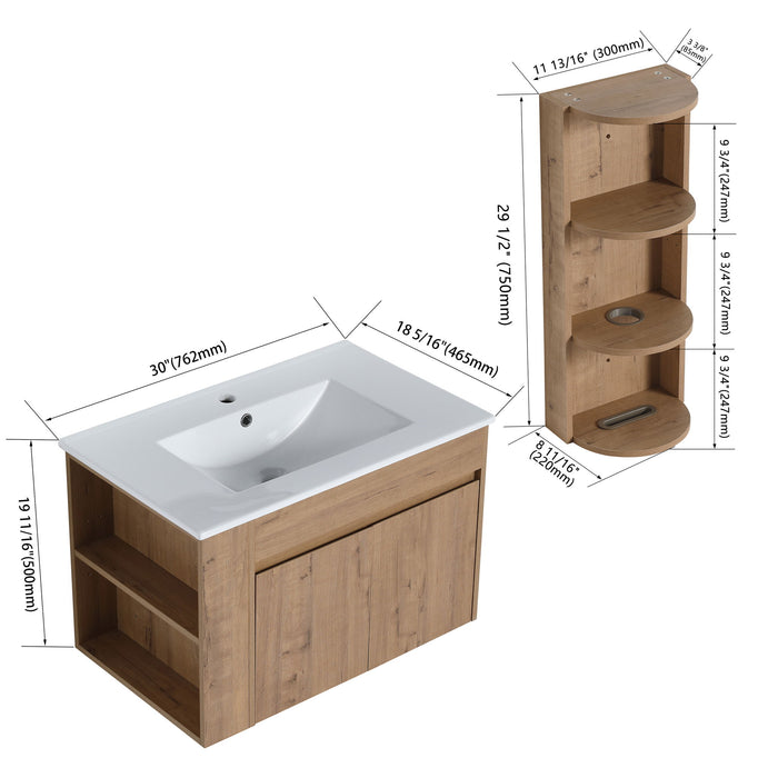 Modern Wall Mounted Bathroom Vanity With Sink And Storage Rack Soft Close Doors Plywood - Imitative Oak
