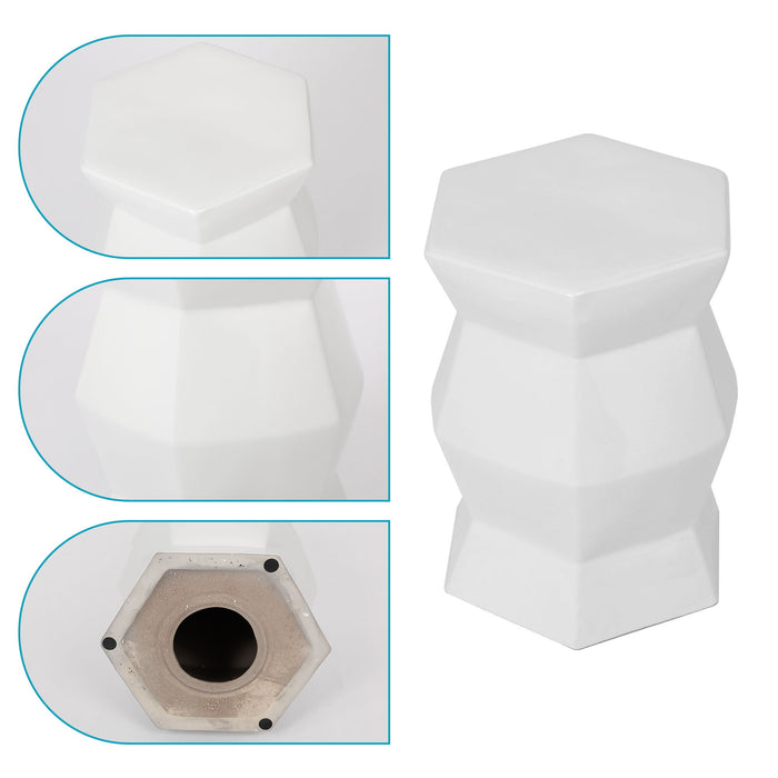 Contemporary Ceramic Drum Stool Indoor / Outdoor Side Table Glazed Accent Garden Stool - White