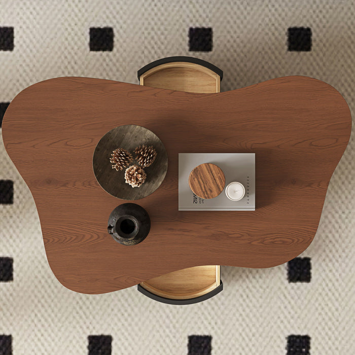 Cloud Coffee Table With 2 Drawers & Multi Layer Storage - Dark Walnut / Matt Black