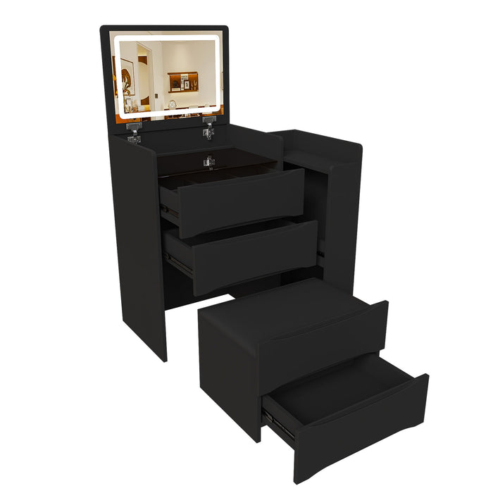 Flip Mirror Vanity Desk With Adjustable LED Lights & Stool For Bedroom