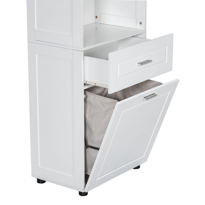 Tall Bathroom Cabinet With Tilt-Out Laundry Basket And Upper Storage