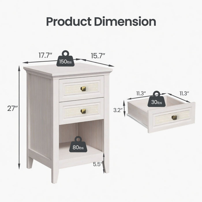 Nightstand With 2 Drawers & Shelf - White