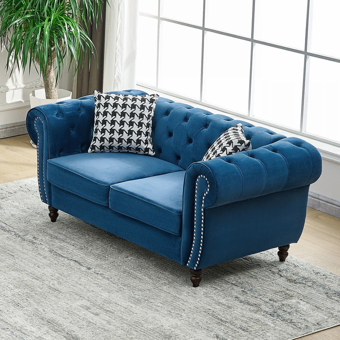 Chesterfield Velvet Fabric Sofa With Roll Armrest And Nailhead, Mid Century 2 Seater Couch In Blue