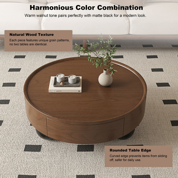 Round Coffee Table With Storage Drawer And Ball Feet - Walnut / Black