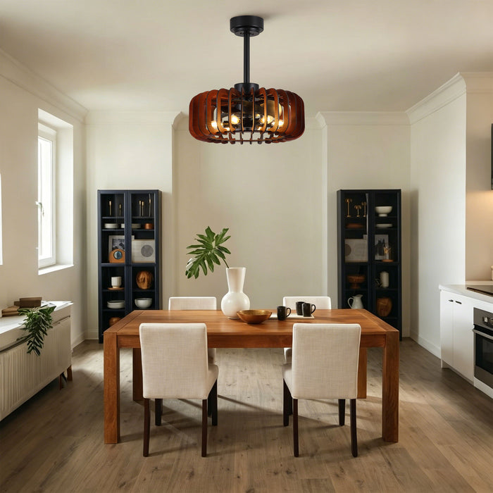Ceiling Fan, Fandelier With 6 E12 Sockets, Reversible DC Motor, 6 Speeds, Remote Control, Adjustable Hanging - Black / Brown