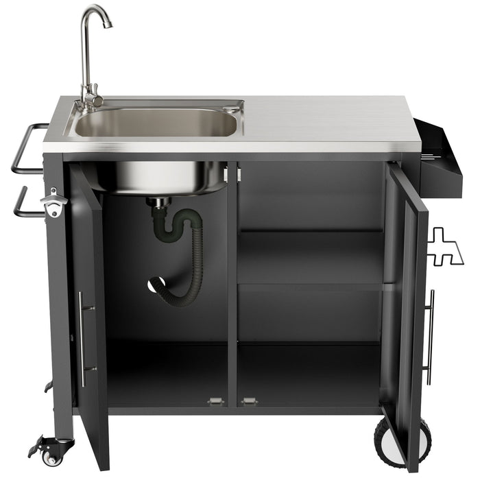 Outdoor Grill Table With Sink, Grill Cart With Sink And Cabinet With Wheels - Black / Silver