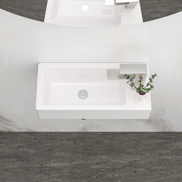 Modern Ceramic Rectangle Wall Mount Bathroom Sink With Single Faucet Hole - White