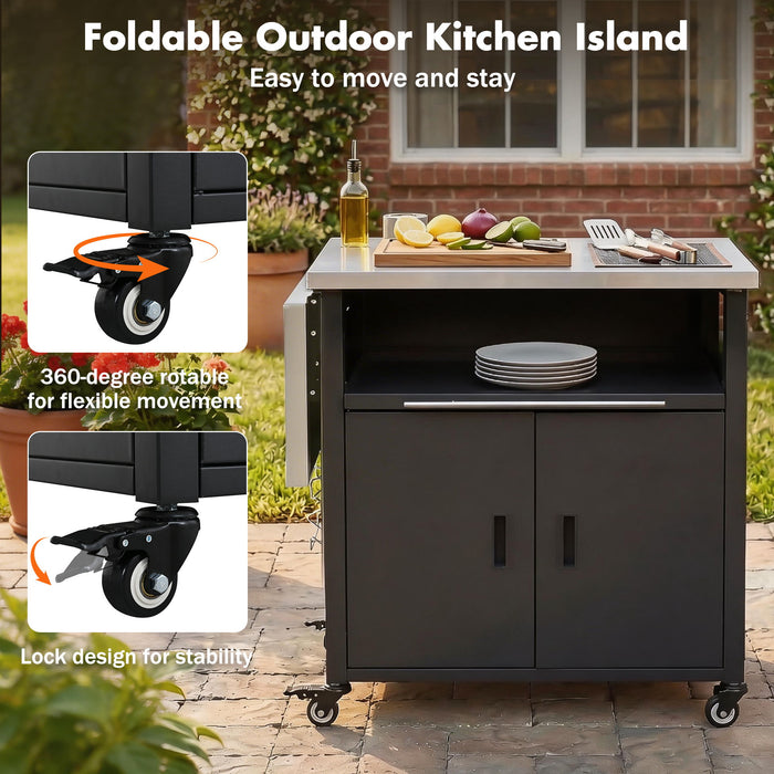 Foldable Outdoor Prep Station BBQ Cart With Trash Rack