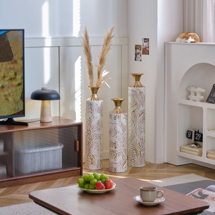 Floor Metal Vases Decorated Metal Vases (Set of 3) Gorgeous Home Decoration Large Glazed Metal Vases - White / Gold