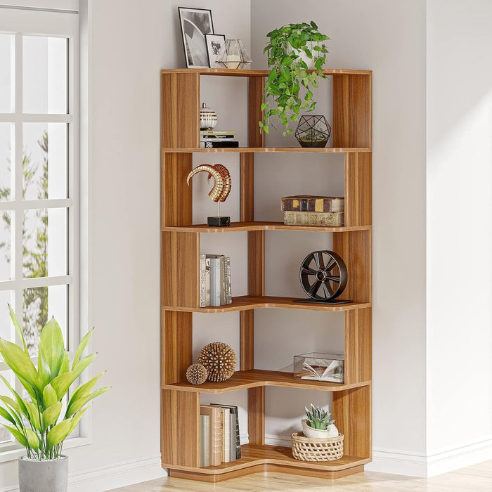6 Tier Corner Bookshelf, L-Shaped Freestanding Shelf With Anti Drop Panels