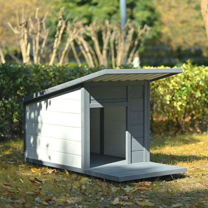 Modern Design Outdoor Dog House With Food Bowl And Wheels Pine - Gray / White