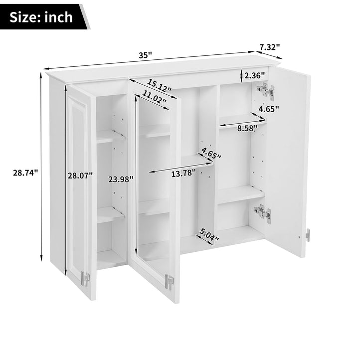 Wall Mounted Mirror Cabinet With 5 Adjustable Shelves, Rectangular Storage For Bathroom - White