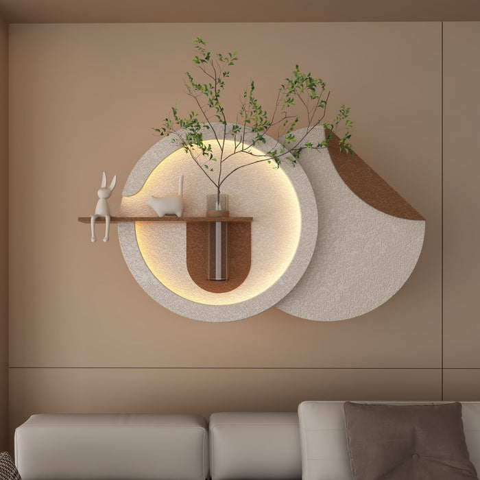 Adjustable 3 Color LED Sandstone Double Disc Wall Art With Simulated Greenery, Vase & Rabbit Statue - Light Coffee