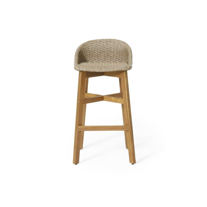 Beeson - Outdoor Wicker And Acacia Wood Barstools Set, Water Resistant - Brown