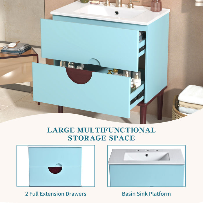 Bathroom Vanity Cabinet With Ceramic Sink Combo Set, Frame Modern Bathroom Storage Cabinet With 2 Drawers - Blue