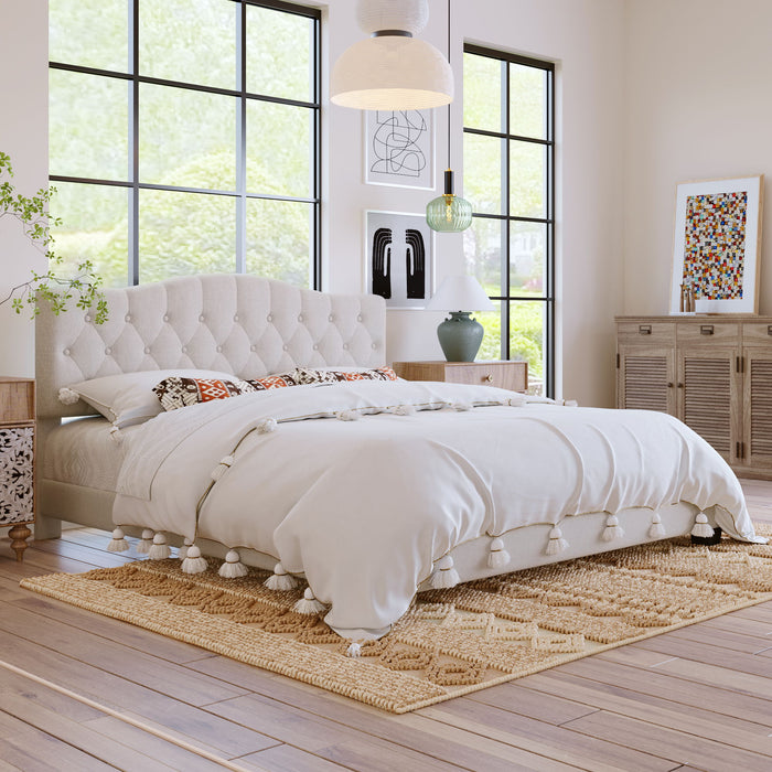 King Upholstered Platform Bed With Curved Adjustable Headboard And Diamond Tufted Details, No Box Spring Needed - Beige