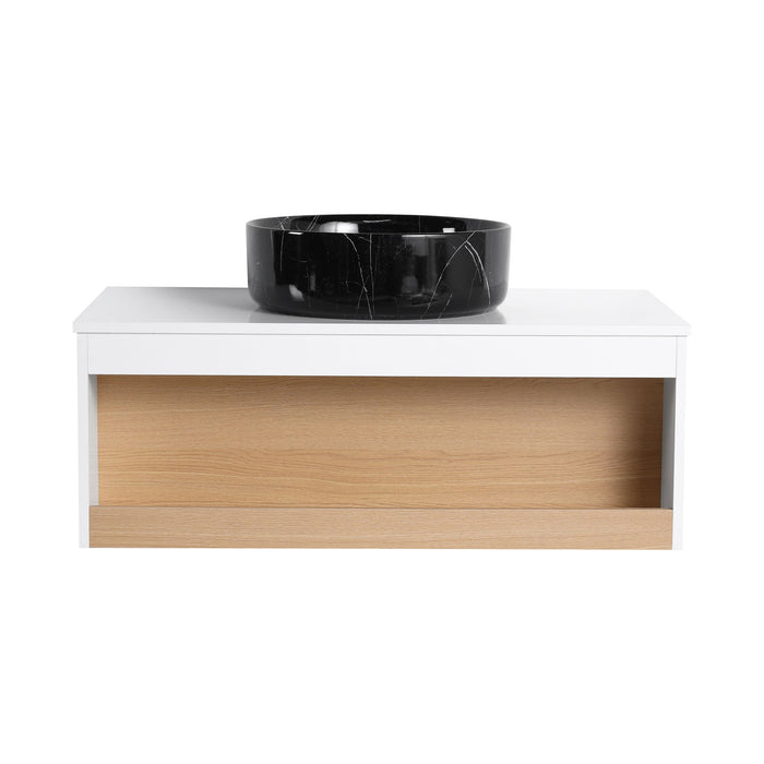 Floating Bathroom Vanity With Vessel Sink With Open Shelf Storage