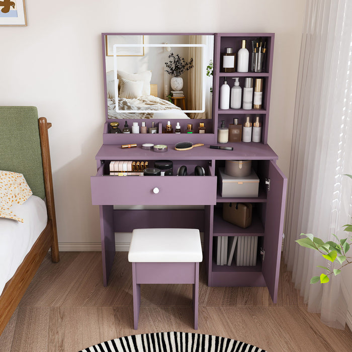 Vanity Desk Set With Padded Stool & Adjustable LED Mirror, 3 Color Mode Lighting, Compact For Bedroom - Purple