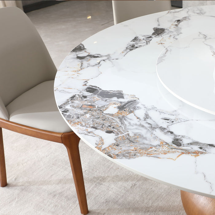 Round Modern Marble Dining Table (Table Only) - Walnut / White
