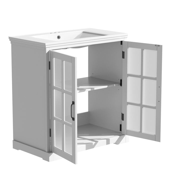 Modern Bathroom Vanity With Ceramic Sink, Tempered Blurred Glass Doors