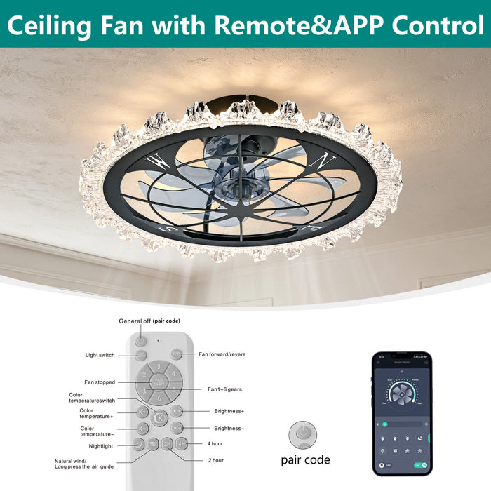 Caged Ceiling Fan With Remote Controlled Dimmable LED Lights, Flush Mount Fan, Low Profile Design - Matte Black
