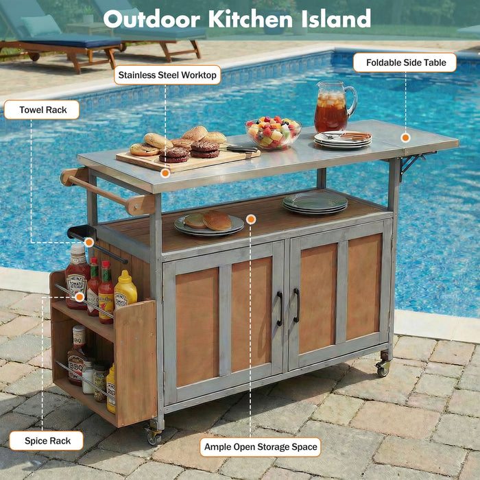Foldable Outdoor Kitchen Island With Lockable Wheels, Storage Cabinet And Towel Rack For Patio