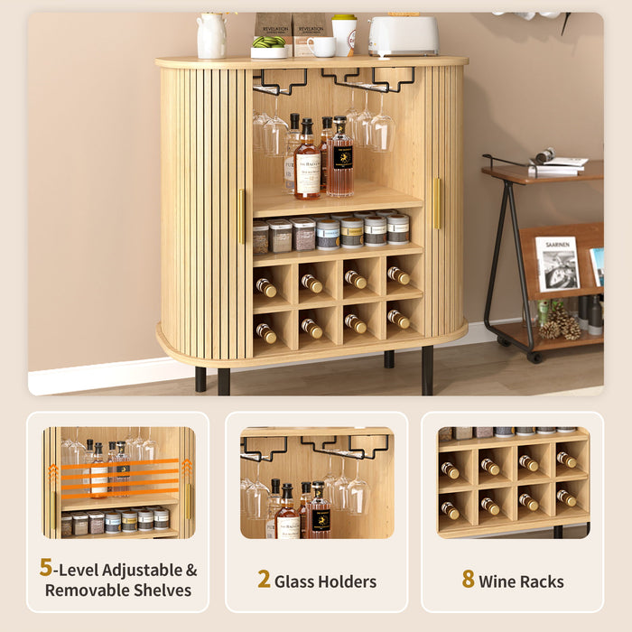 Fluted Wine Bar Cabinet With 8 Grid Wine Rack, 5 Level Adjustable Shelves, 2 Glass Holders