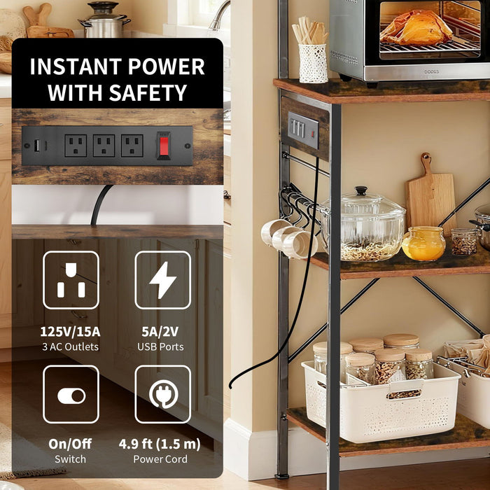 Bakers Rack With Power Outlet, Coffee Bar With S-Shaped Hooks, Kitchen Shelf With Wire Basket - Black / Brown