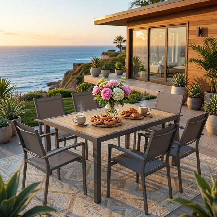 7 Piece Gray Patio Dining Set With Hdps Table And Textilene Chairs For Outdoor Use, Metal Furniture