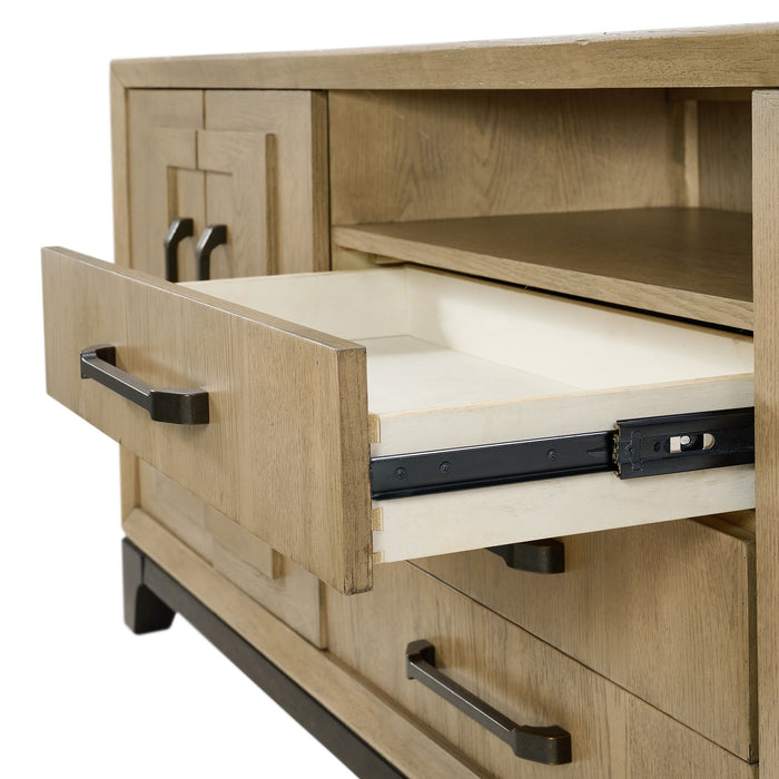 Sutton Place - Entertainment Console With Open Shelf, Storage Drawers, And Cord Cutouts - Caramel / Cocoa