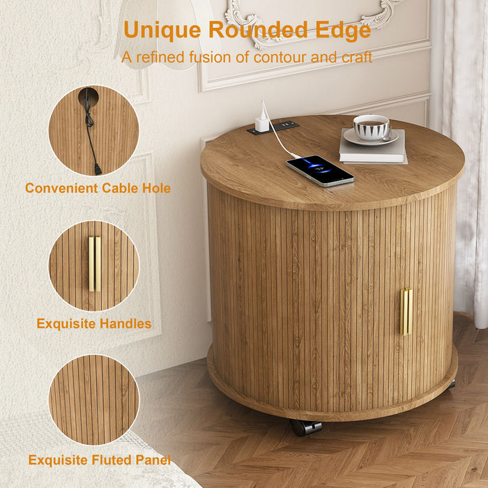 Cylinder Nightstand With Charging Station & Sliding Door