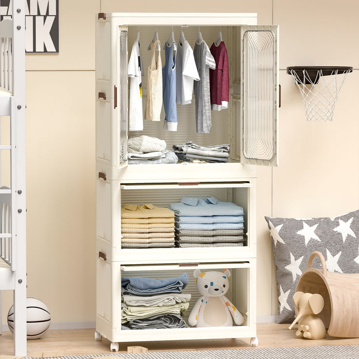 Portable Wardrobe Closet Storage Organizer With Magnetic Doors And Hanging Rod - Cream White