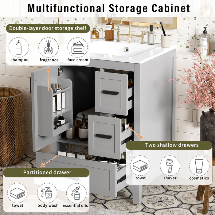 Bathroom Vanity With Sink, Soft Close Door, Double Layer Door Shelf And 3 Drawers - Gray