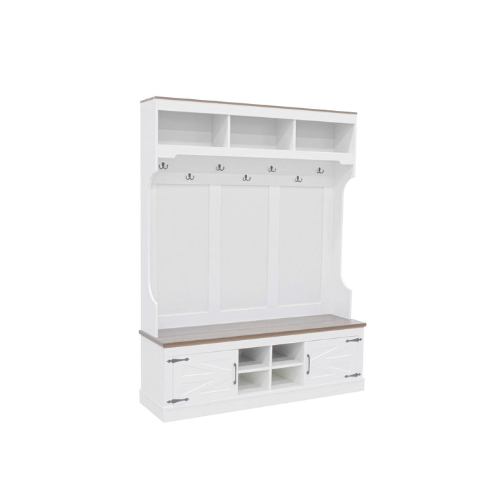 Hall Tree With Bench And Shoe Storage, 5 In 1 Entryway Organizer Cabinet With Coat Rack, 4 Shoe Cubbies & 7 Hooks - White