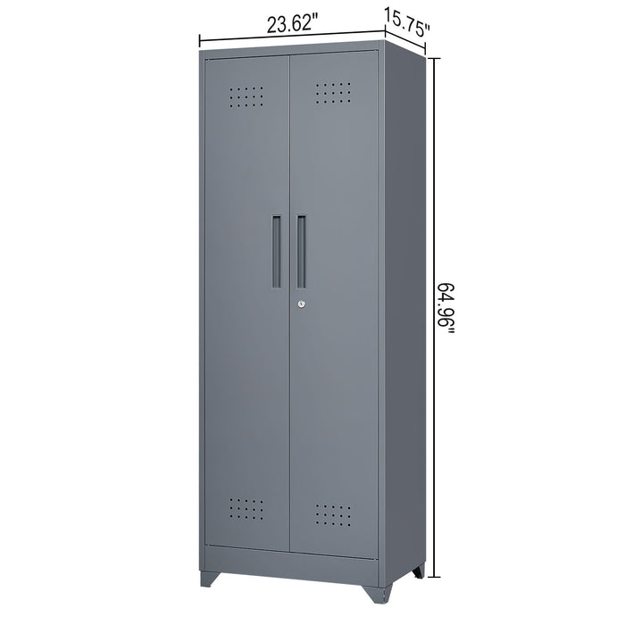 Heavy Duty Storage Cabinet With Locking Doors, Hanging Rod & Shelves, Broom Closet - Gray