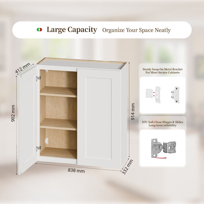 Shaker Wall Cabinet With Soft Close Hinges, Adjustable Shelves, Double Door