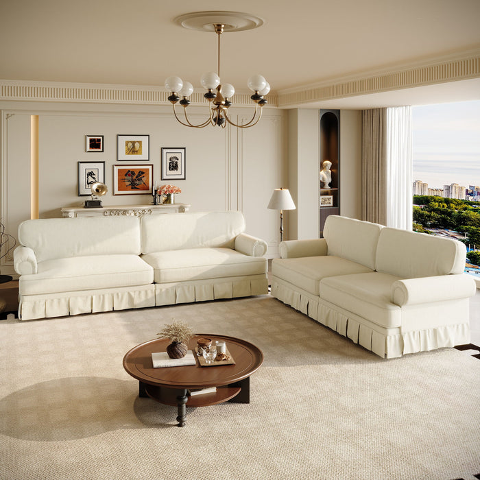 Luxuriously Comfortable Cloud Couch Sofa With Elegant Rolled Arms & Pleated Skirt Design