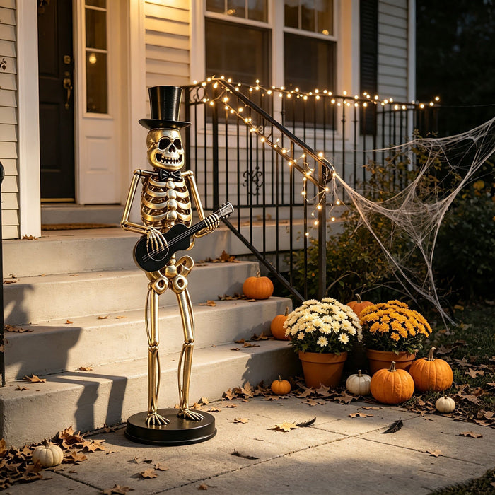 Skeleton Musician Statue, For Halloween Indoor Outdoor Party Display - Gold