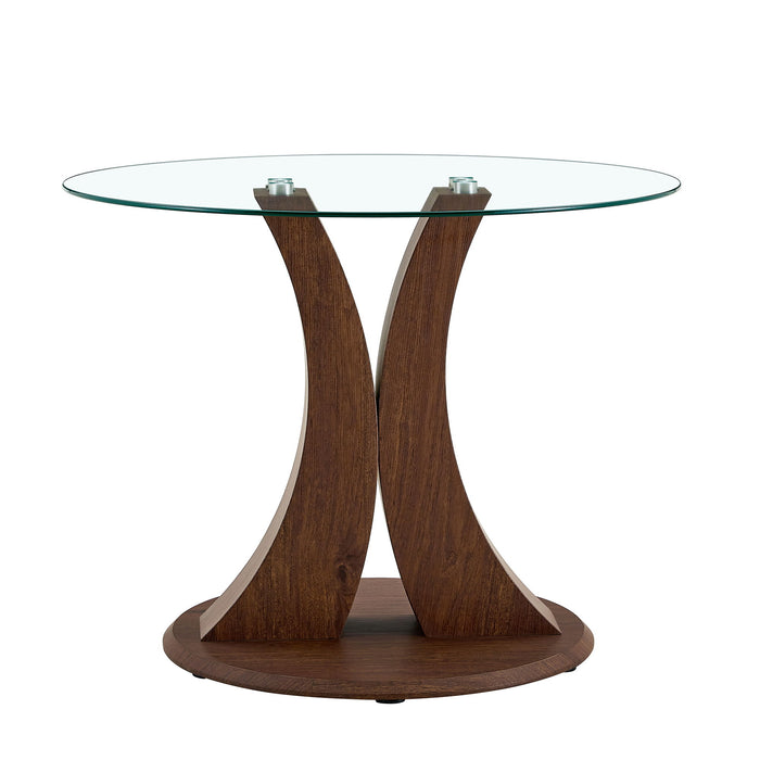 2 In 1 Round Glass Dining Table With Adjustable Curved Base, - Transparent / Walnut