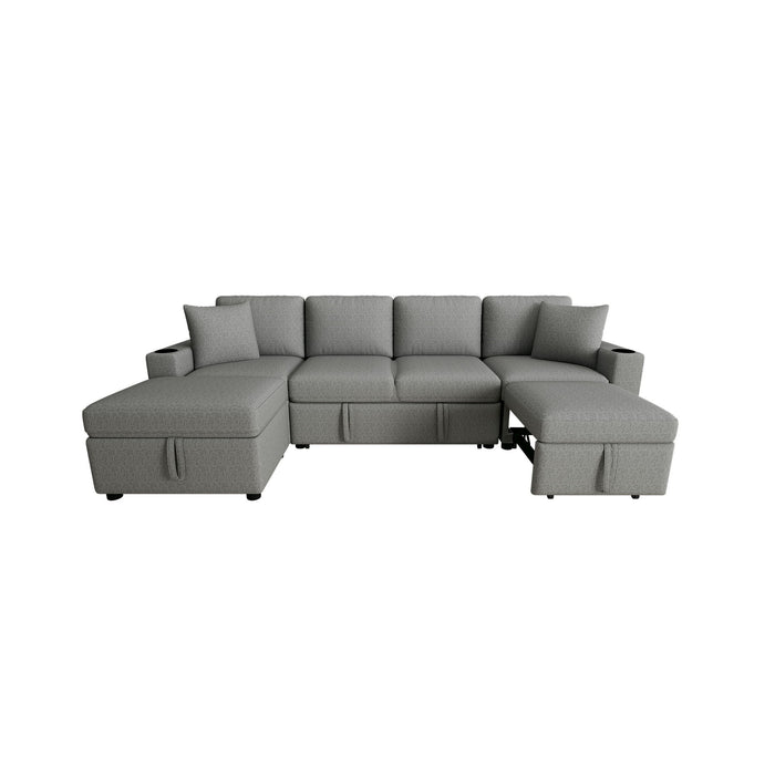 Sectional Sofa Convertible Pull-Out Bed With Storage Ottoman & USB Ports