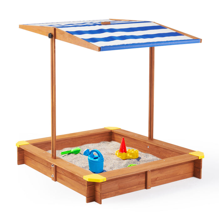 Kids Sandbox With Cover, Sand Box With Adjustable Canopy, Large Outdoor Cedar Sandpit For Backyard Play - Reddish Brown