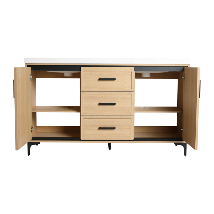 Original 60" Freestanding Bathroom Vanity With Double Resin Sink Plywood Soft Closing Doors & Drawers - Oak