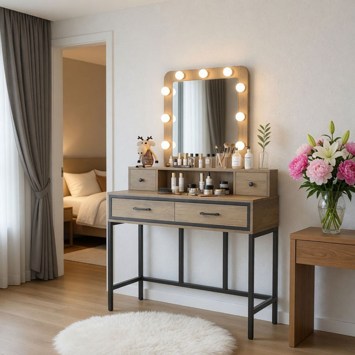 Vanity Desk With 3 Color Lighted Mirror And 4 Drawers