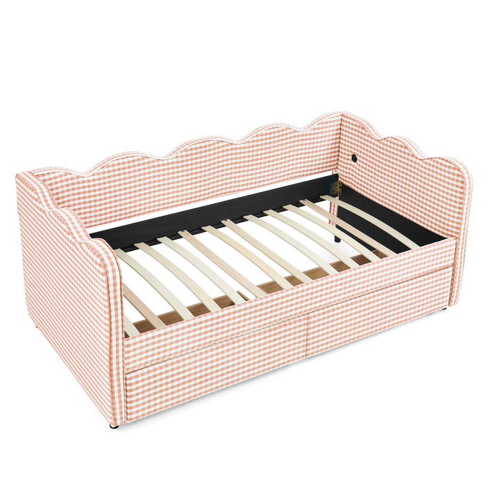 Gingham Daybed With USB Charging Port, Wave-Shaped Design