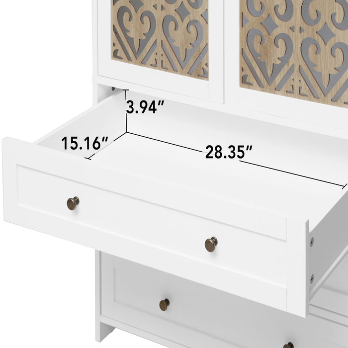 Hollow Pattern 2 Door 3 Drawer Wardrobe, The Collision Of Wood Color, Suitable For Bedrooms And Dressing Rooms - White