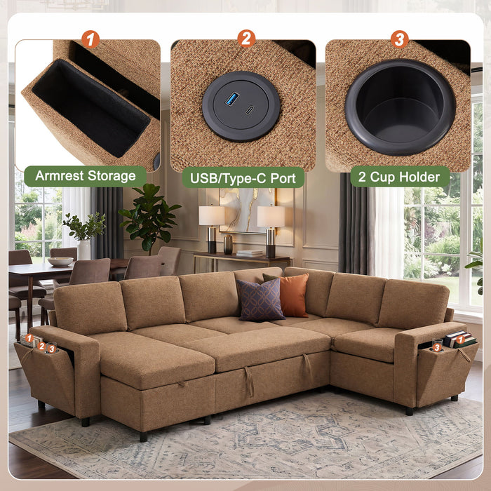 U - Shaped Convertible Sectional Sofa Bed With Storage, USB Charger & Cup Holders